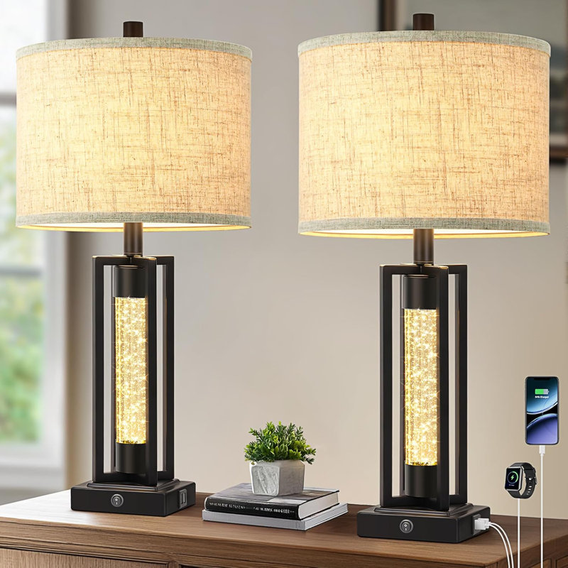 Ensemble de 2 lampes de table de chevet 26 po pour salon avec veilleuse en cristal et 2 ports USB modernes