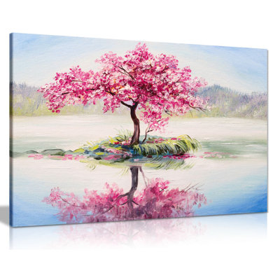 Japanese Oriental Cherry Tree On Lake - Wrapped Canvas Print