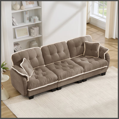 Chenille Cloud 4-Seater Sofa with 4 Pillows, Pom-Pom Trim Quilted Tufted Cushion Ergonomic Design, Easy Assembly Deep Seat Couch for Living Room Office, Apartment, Brown