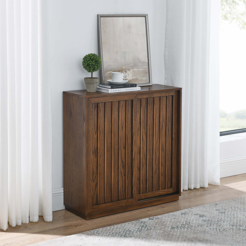 Mid Century Sideboard With 2 Sliding Door & Solid Wood Decorative Strips, Storage Cabinet