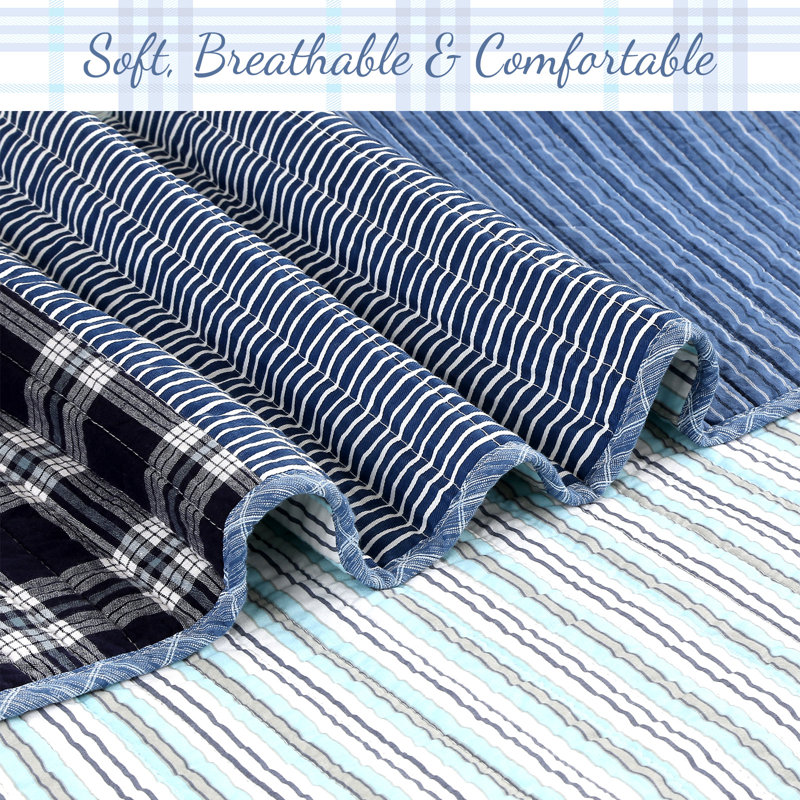Ensemble de literie réversible en coton à carreaux bleu marine Klein, Courtepointe pour lit grand + deux taies décorati