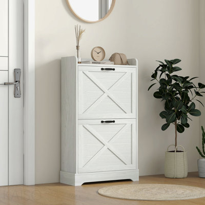 Armoire à chaussures mince pour le vestibule, armoire de rangement pour chaussures cachée de style campagnard avec 2 tiroirs rabattables et tablettes réglables pour 8 paires de chaussures, blanc vieilli