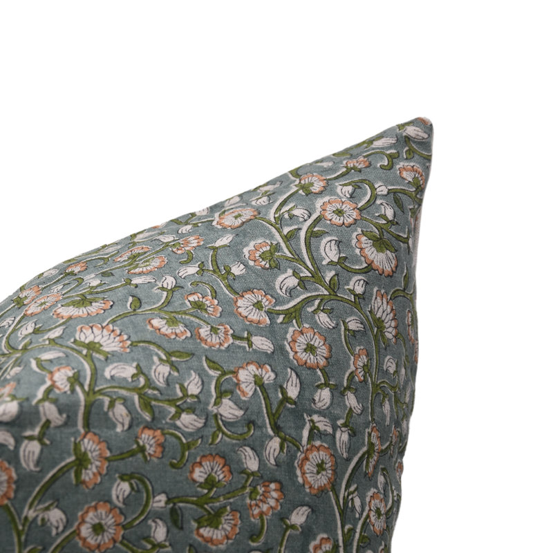 Linen Pillow Cover, 16" H x 16" W, Green/Orange Floral 1, Square
