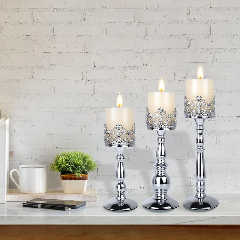 Vintage Iron Candle Holders Set Of 3 - Decorative Gothic Crown Design For Pillar Candles, Elegant Table Centerpiece For Home, Wedding, And Holiday Decor