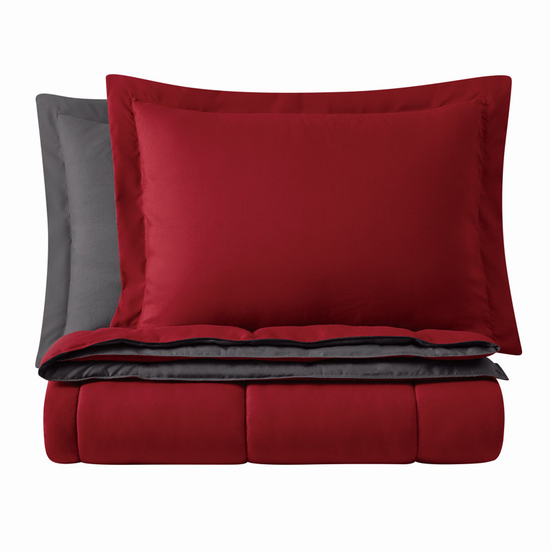 Everyday Polyester Baffle Box Stitch Comforter, Red/Gray, King Comforter + 2 Shams