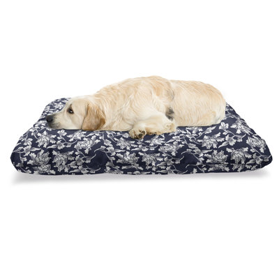 Lit pour animal de compagnie bleu marine Ambesonne, arrangement floral à motif de feuillage botanique de composition japonaise, coussin résistant à la mastication pour chiens et chats avec housse amovible, 24 po x 39 po, blanc bleu foncé