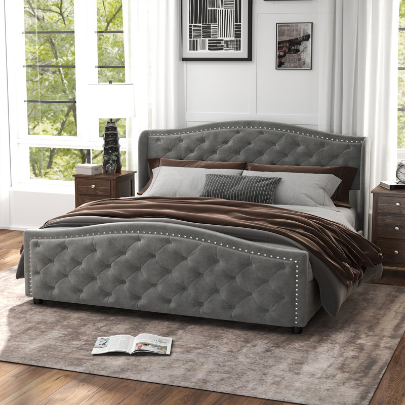81" W King Size Tufted Upholstered Bed with Storage Drawers - Light Gray, King, Light Gray