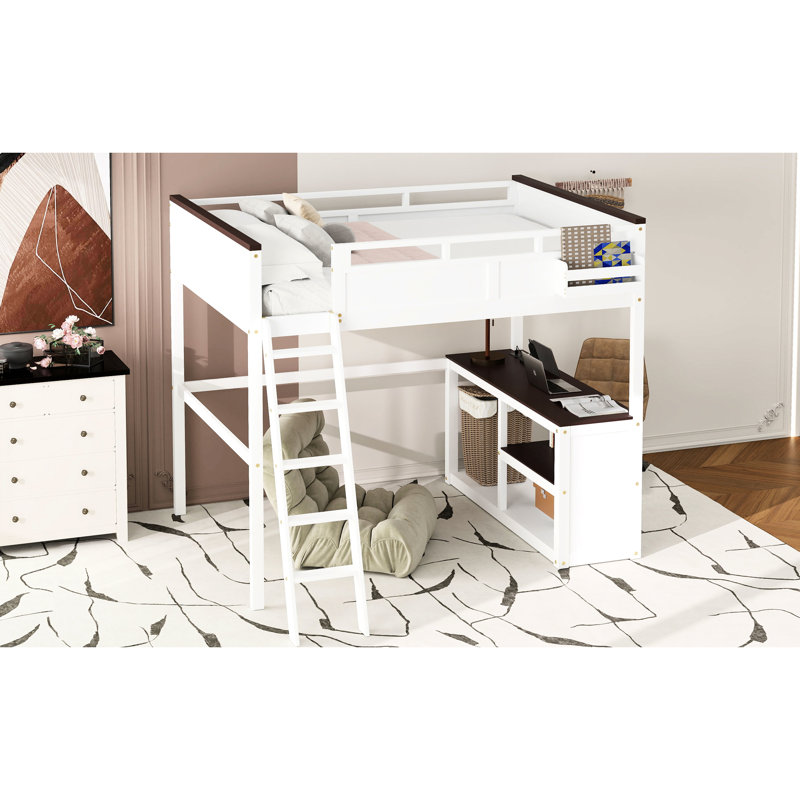 Grand lit mezzanine avec bureau, tablette ouverte et boîte de rangement en bois massif blanc, garde-corps pleine longueur, tablettes pratiques, instructions d'assemblage claires et robustes, mode de vie confortable