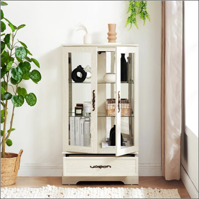 Lighted Glass Curio Cabinet With Adjustable Shelves - Elegant 2-Door Display & Built-In Drawer