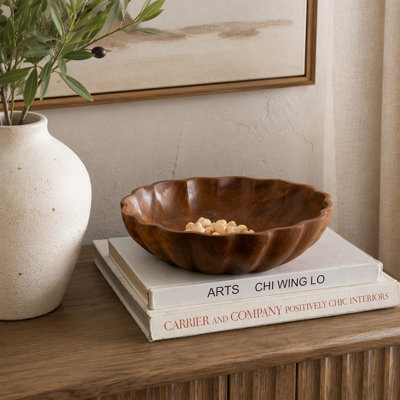 9.8x9.8x2.4 Inch Round Shallow Teak Wood Bowl with Earthy Brown Finish, Perfect for Decor and Storage