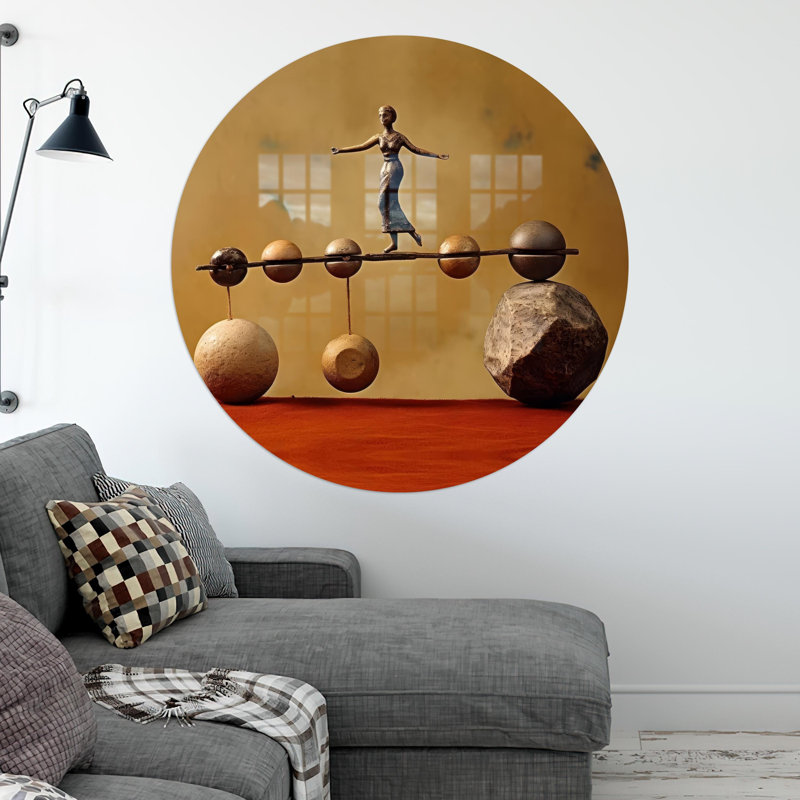 Femme marchant sur des pierres en équilibre, art mural en verre de style moderne pour la décoration et l'équilibre des pièces