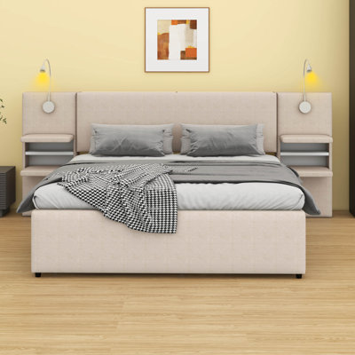 Grand lit plateforme tapissier - liseuses, tiroirs, lit gigogne et tablettes incluses