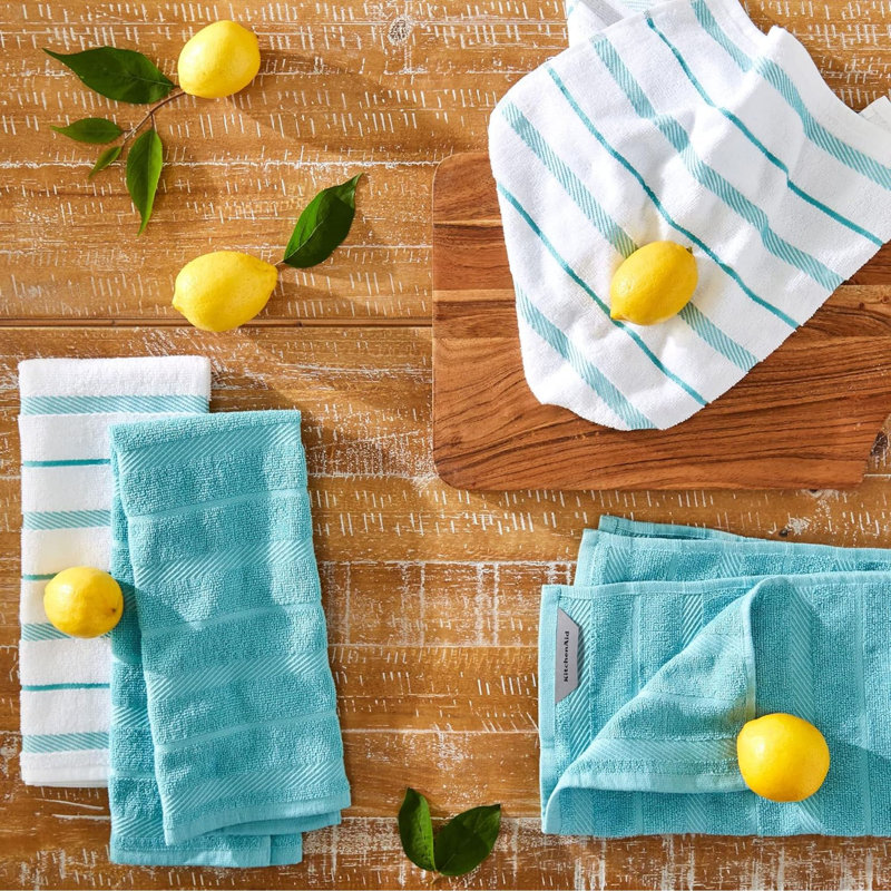 Albany Kitchen Towel 4-Pack Set, Aqua/White