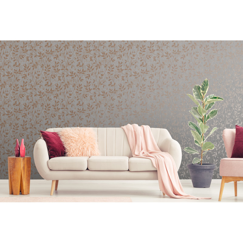 Milan Floral Vinyl Metallic Wallpaper Roll, Rose Gold