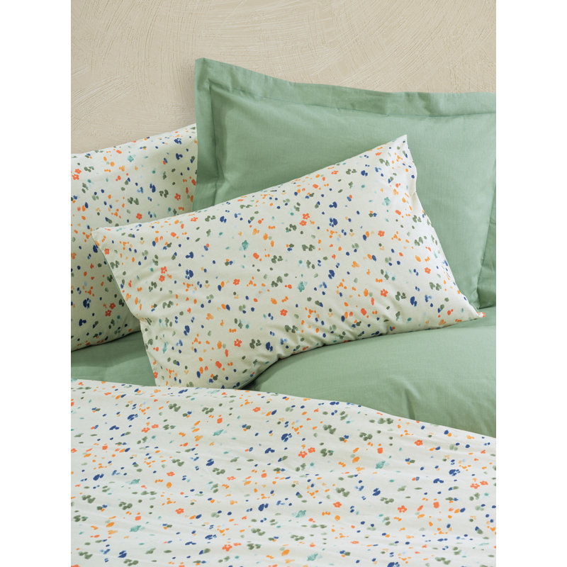 Ensemble de housse de couette simple 100% coton de qualité supérieure Ranforce, vert, blanc, orange et bleu foncé | Housse de couette 61,0 po x 86,6 po et taie d'oreiller 31,5 po x 31,5 po | Lavable à la machine, 145 fils, fermeture à boutons, conception élégante