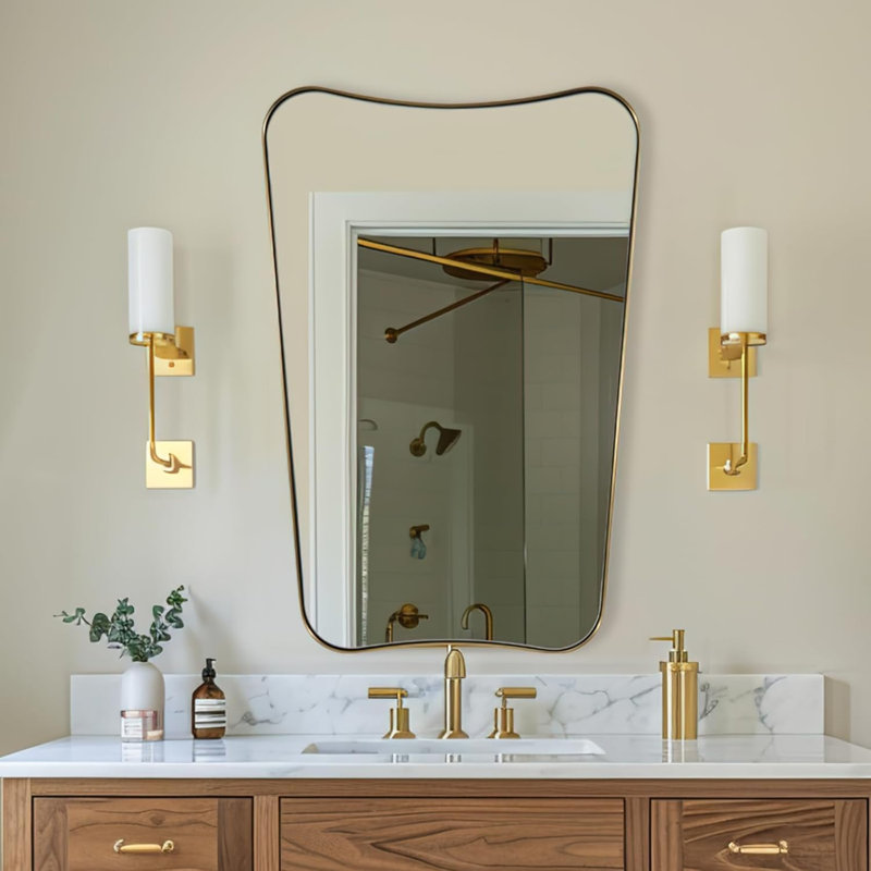 Contemporary Concave Scalloped Irregular Bathroom Vanity Mirror | Stainless Steel Frame, Brushed Gold, 40" x 24"