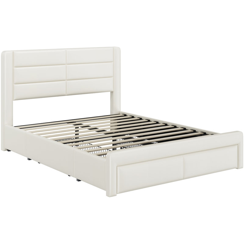 Avelle Vegan Leather Metal Platform Storage Bed with Drawers and Built-In USB Ports, Full, Beige