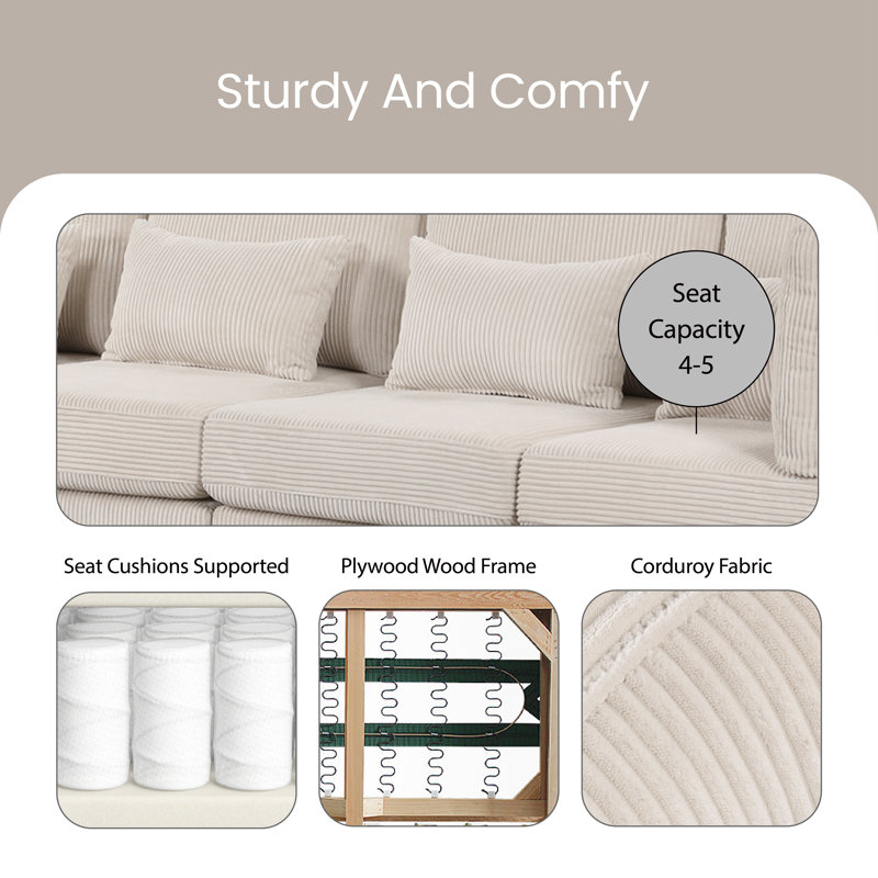 Canapé 5 pièces en forme de L avec repose-pieds amovibles et coussins confortables, Velours côtelé beige