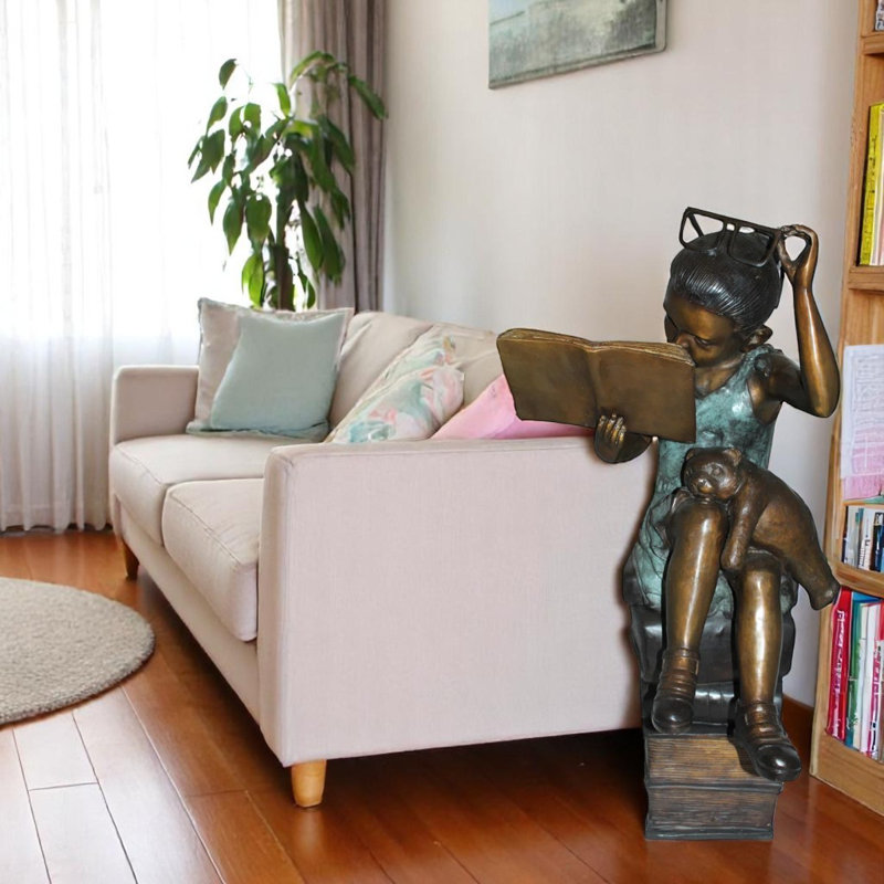 Bieber Girl, assis sur une pile de livres, lisant un livre, statue en bronze, décoration idéale pour la maison, 17 po x 18 po x H 36 po