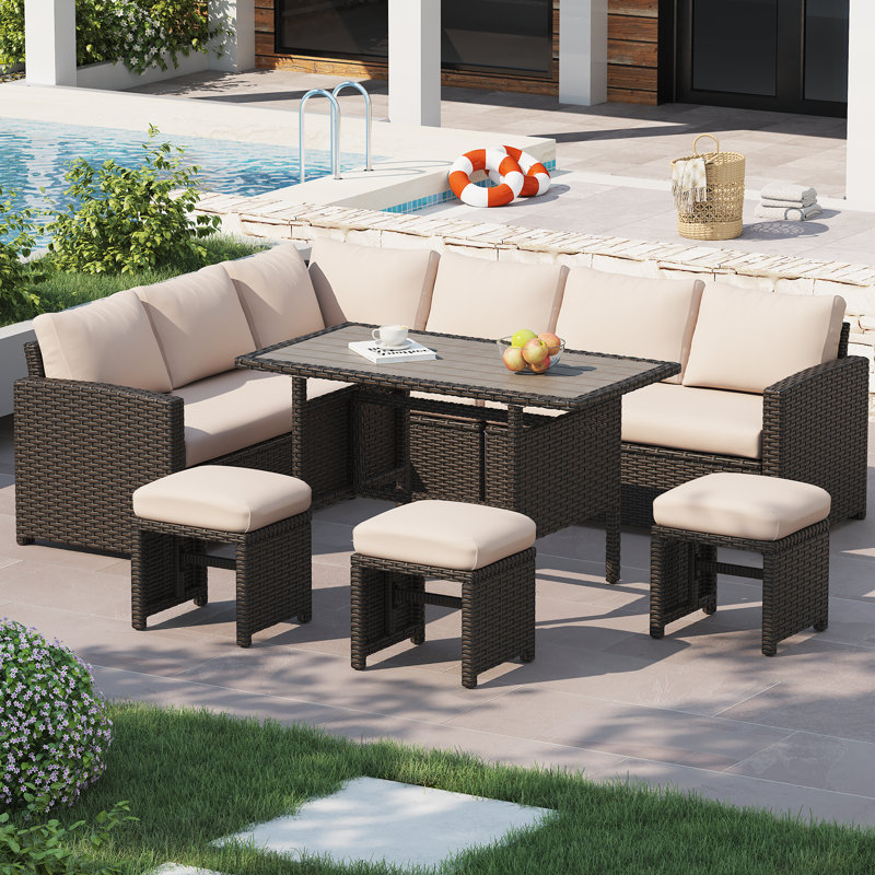 Ensemble de meubles de patio 7 pièces avec foyer 43 po, Coussin beige / structure brune