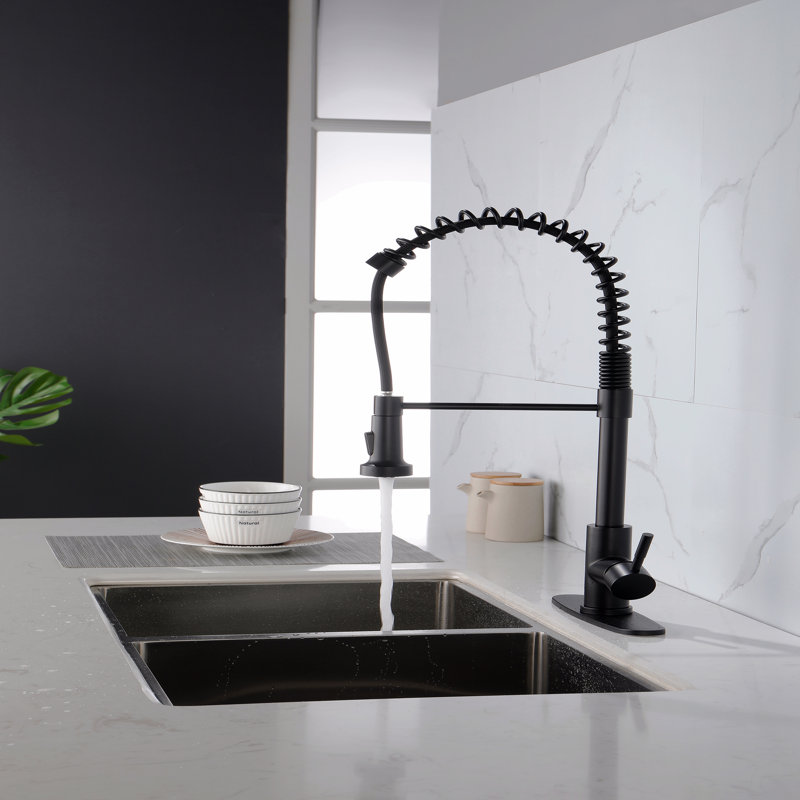 Commercial Spring Kitchen Faucets With Pull Out Sprayer,  Stainless Steel Single Handle One Hole Kitchen Sink Faucet, Industrial 3-Hole Sink Faucet