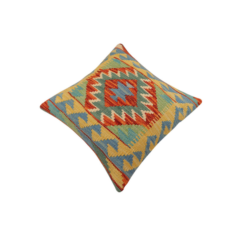 Housse et insert de coussin carré 100% laine, Rouille / bleu / or / vert
