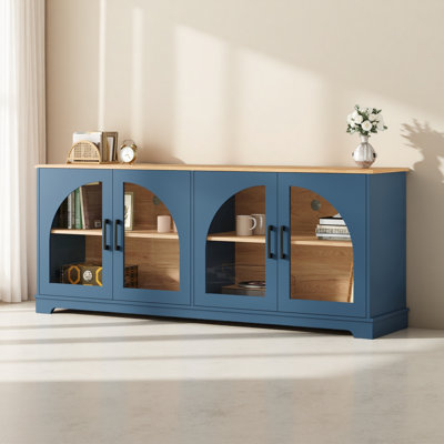 Meuble télé Farmhouse avec portes en verre semi-arquées pour téléviseur de 70 po ou moins, console multimédia élégante à deux tons avec tablettes réglables, buffet en grain de bois avec gestion des câbles pour le salon