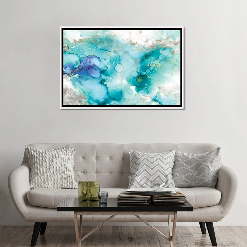 «Teal Marble», reproduction sur toile, Pas de tapis, H 32 po x l 48 po x P 1,5 po, Toile encadrée flottée blanche