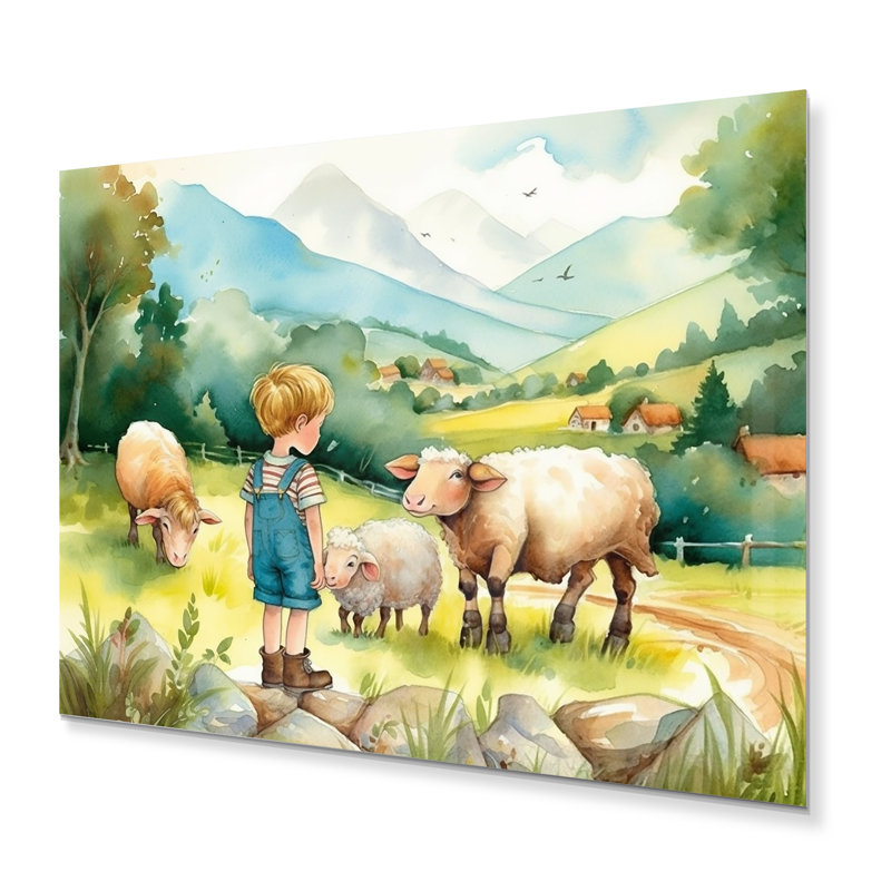 Children on a Farm II - Paysage mural de ferme en métal, H 16 po x l 32 po x P 1 po