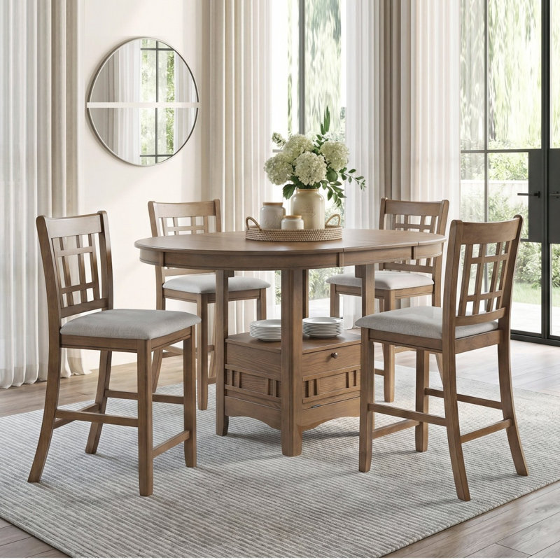 Ensemble de salle à manger brun à hauteur de comptoir 5 pièces Table ronde extensible ovale et chaises