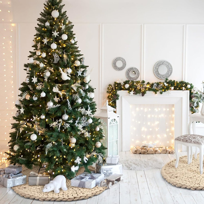Jupe de sapin de Noël en grosse maille, tapis de sapin beige crocheté, décoration de Noël rustique de style ferme
