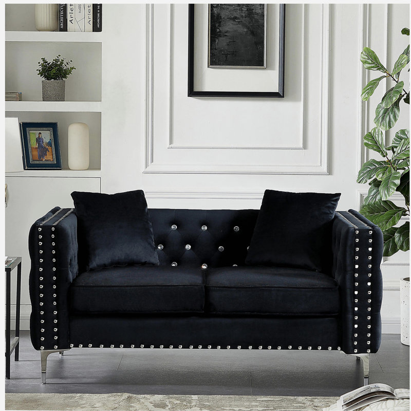 Canapé en velours noir 59,4 pouces de largeur avec boutons ornés de bijoux, accoudoirs carrés, 2 coussins