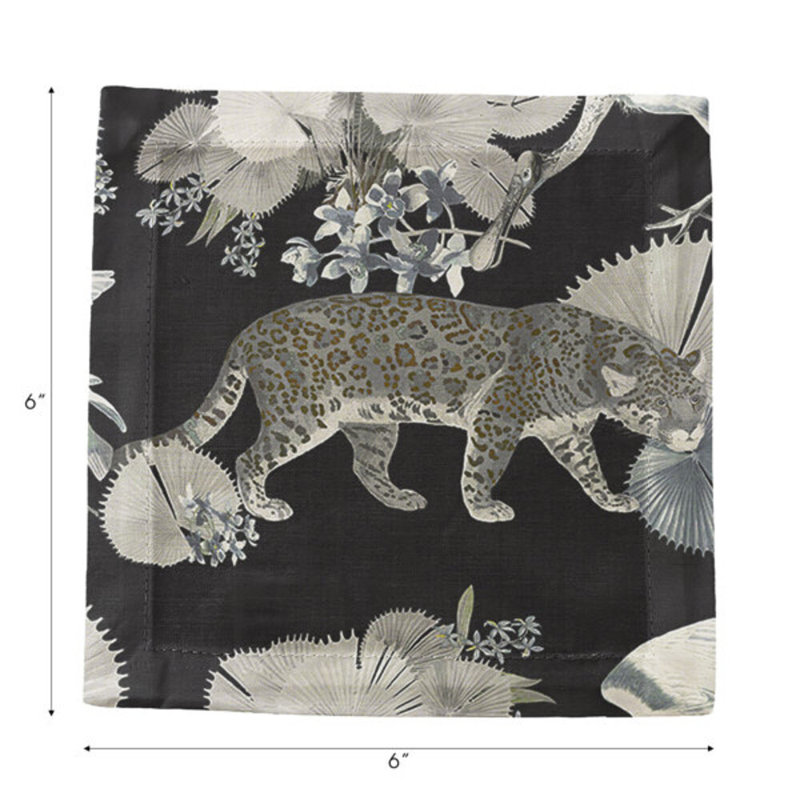 Leopard Walk Colorful Multi Cotton Sateen Cocktail Napkins, Black