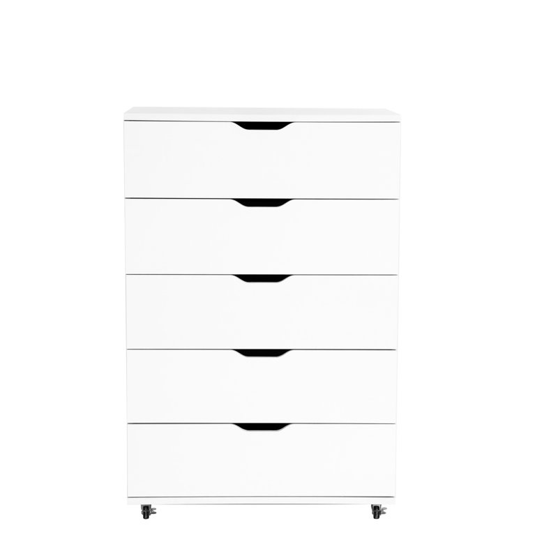 White 5-Drawer Dresser with Wheels, 29.5″ Wide, White