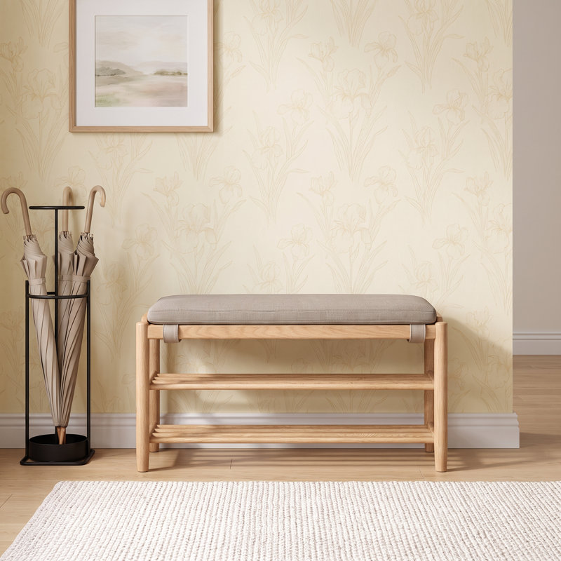 Banc à chaussures rembourré en chêne massif, 31.4", Natural Oak;Beige