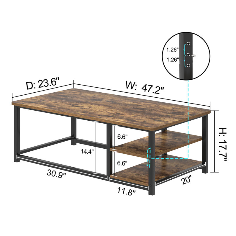 47" Adjustable Shelf Modern Coffee Table, Brown, Brown