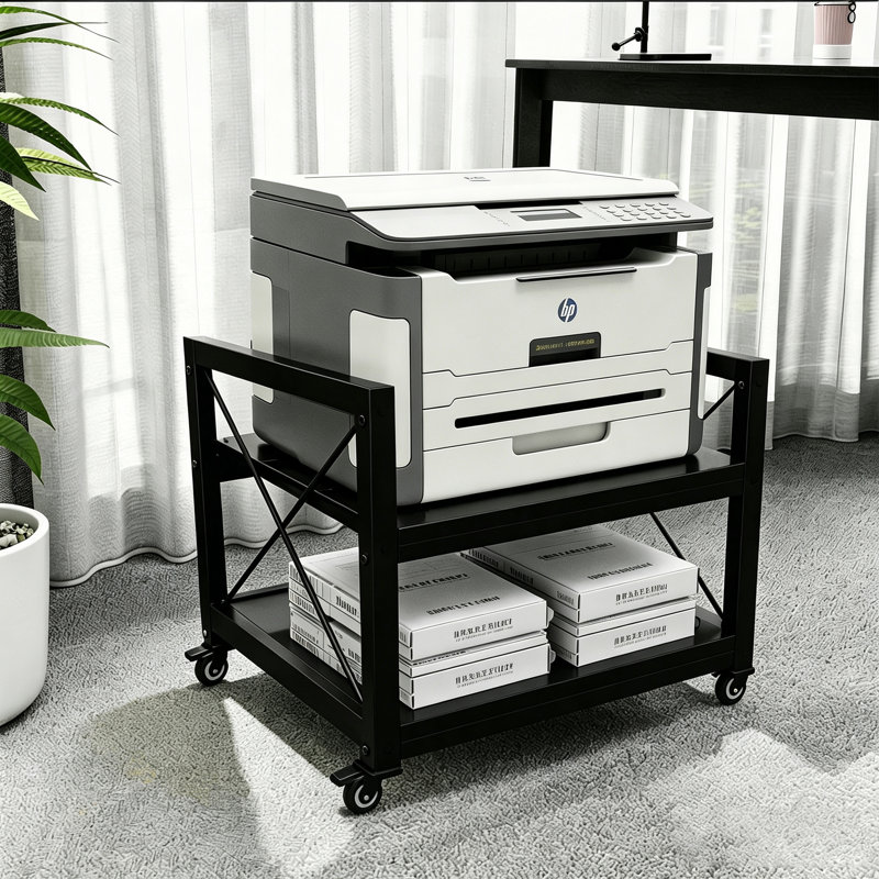 Support d'imprimante de bureau à 2 niveaux en bois d'ingénierie industrielle - Durable, compact, plates-formes réglables, roulettes, assemblage requis. Support de photocopieur sous bureau spécialisé.
