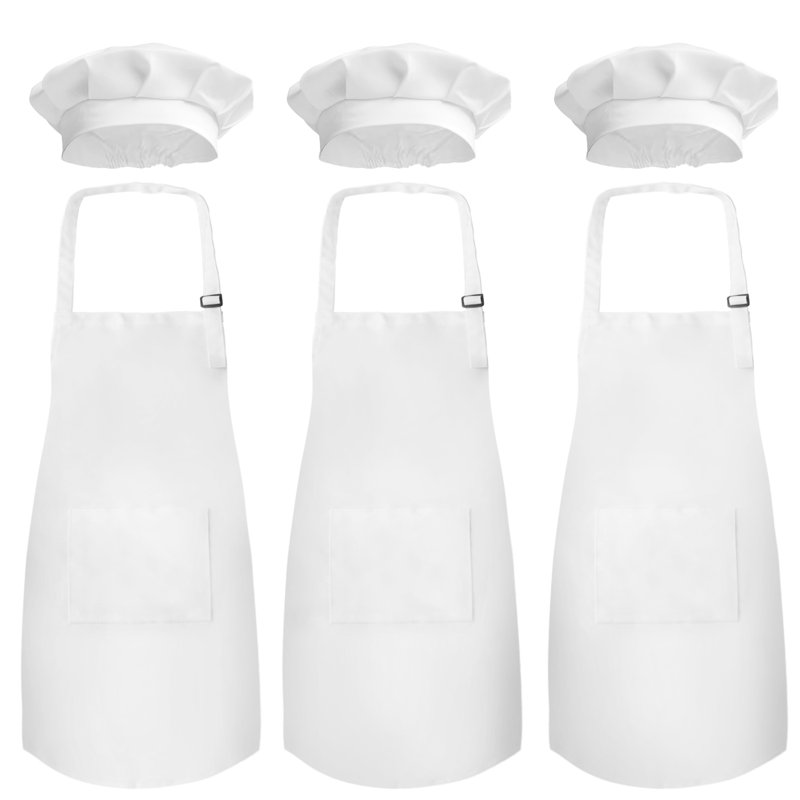 Kid's Apron with Chef Hat Set - Children’s Bib with Pocket for Cooking, Baking, Painting - 6-12 Kid, White