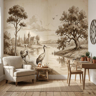 Papier peint sépia, paysage rétro, toile de rivière amovible, décoration murale