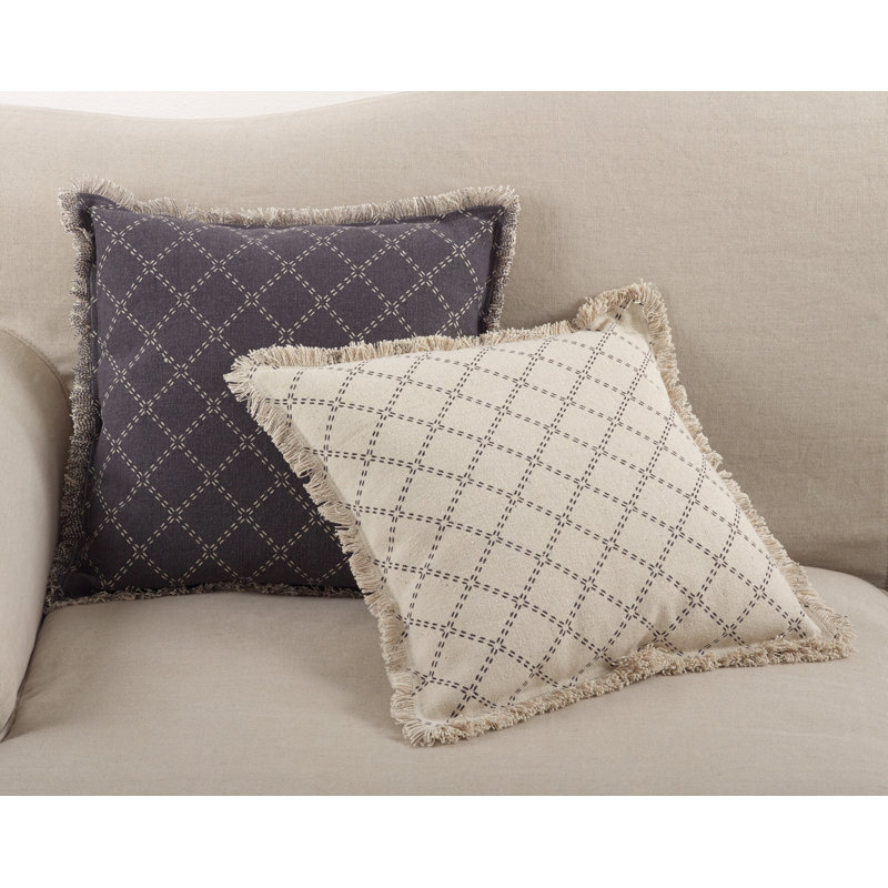 Natural Diamond Pattern Cotton Fringe Trim Throw Pillow
