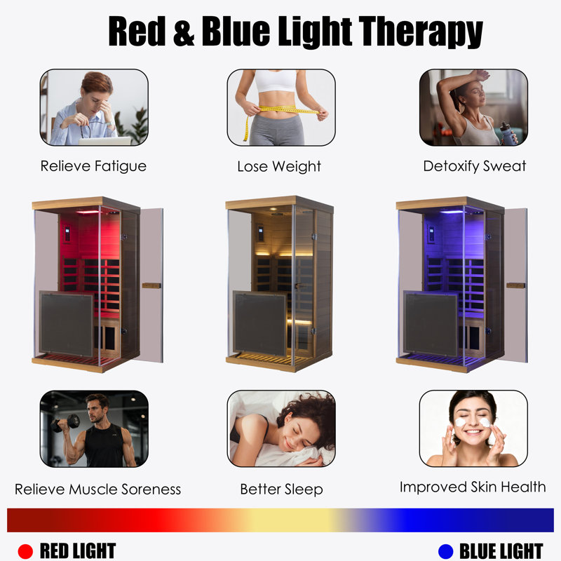 Wizzisaunas 1-Person Far Infrared Wooden Sauna For Home, With 3-Sided Tempered Glass, Red and Blue Light Therapy, Remote Temperature Control Via App, Built-In Bluetooth Speaker, Red Cedar Wood