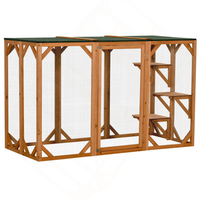 Pawhut Outdoor Cat House, Catio Wooden Feral Cat Shelter, Cat Cage With Platforms, Large Enter Door, Weather Protection Asphalt Roof, 71" L
