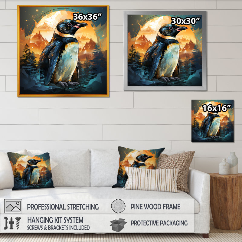 Sunset Penguin Icebound Charm II - Penguin Wall Art, 36" H x 36" W x 1.5" D, Wrapped Canvas