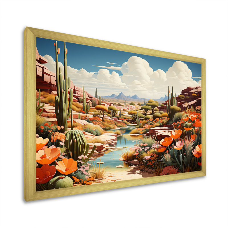 «Native Desert Oasis Blooms I» - art mural désert, Cadre doré à coins fermés, H 12 po x l 20 po x P 1 po