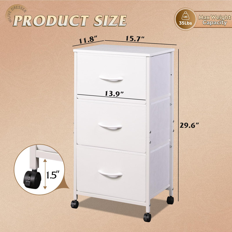Dresser with 3 Drawers, Fabric Nightstand, Cabinet with Wheels, Organizer Storage Dresser for Bedroom, Office, Entryway, Closets, Sturdy Steel Frame, Wood Top, Easy Pull Handle