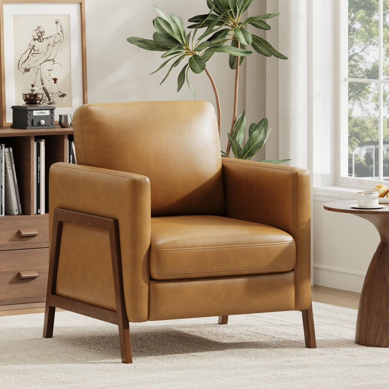 Fauteuil moderne en similicuir avec structure en bois pour le salon et la chambre à coucher, Brun