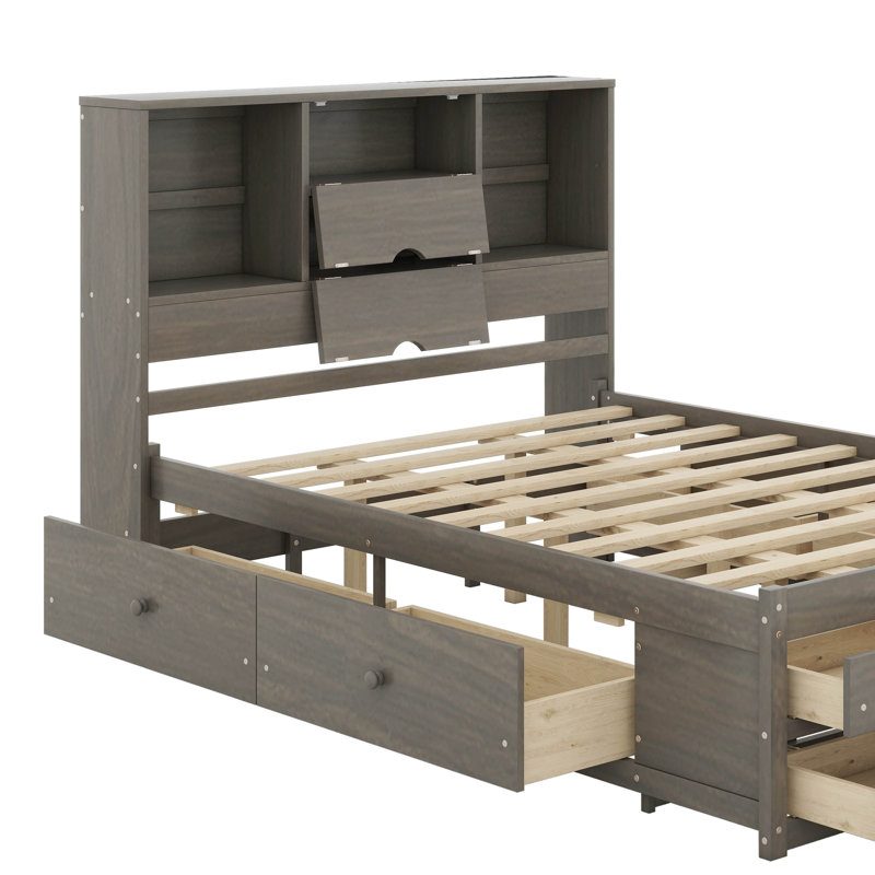 Grand lit plateforme avec 8 tiroirs de rangement et tête de lit bibliothèque, Gris