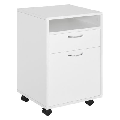 Mobile Storage Cabinet with Drawer and Door, White MDF Printer Stand on Casters