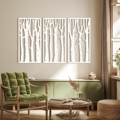 Boho Birch Tree 3D Carved Wood Wall Art Set of 3, 16x32" Earthy Mineral Hues for Living Room Accent Wall, Bedroom & Office