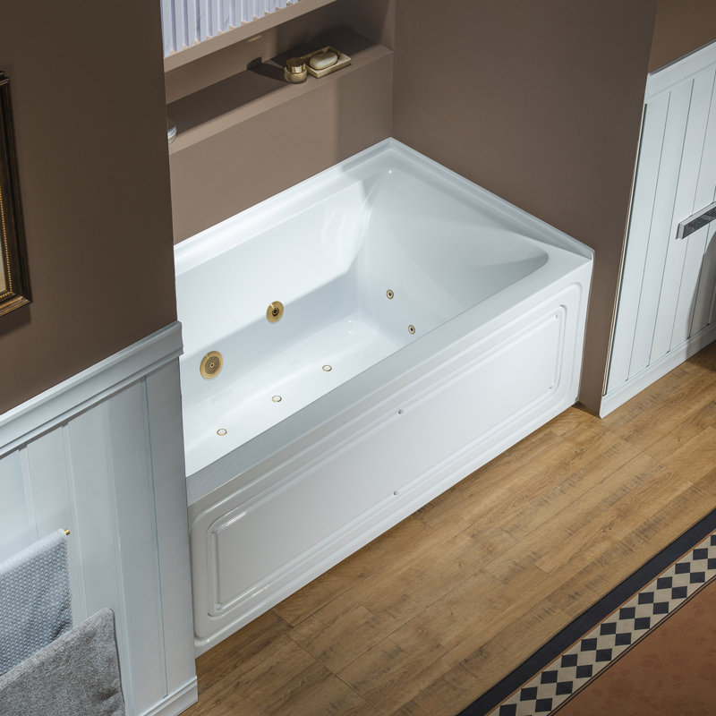 60" x 32" Alcove Heated Acrylic Rectangular Whirlpool Jetted Tub in White with Left/Right Drain, 3 Finish Trim Option, Left